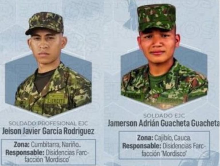 Los soldados profesionales Jason Javier García Rodríguez y Jamerson Adrián Guachetá Guachetá terminaron en poder de este grupo armado ilegal en medio de combates o en retenes ilegales.
