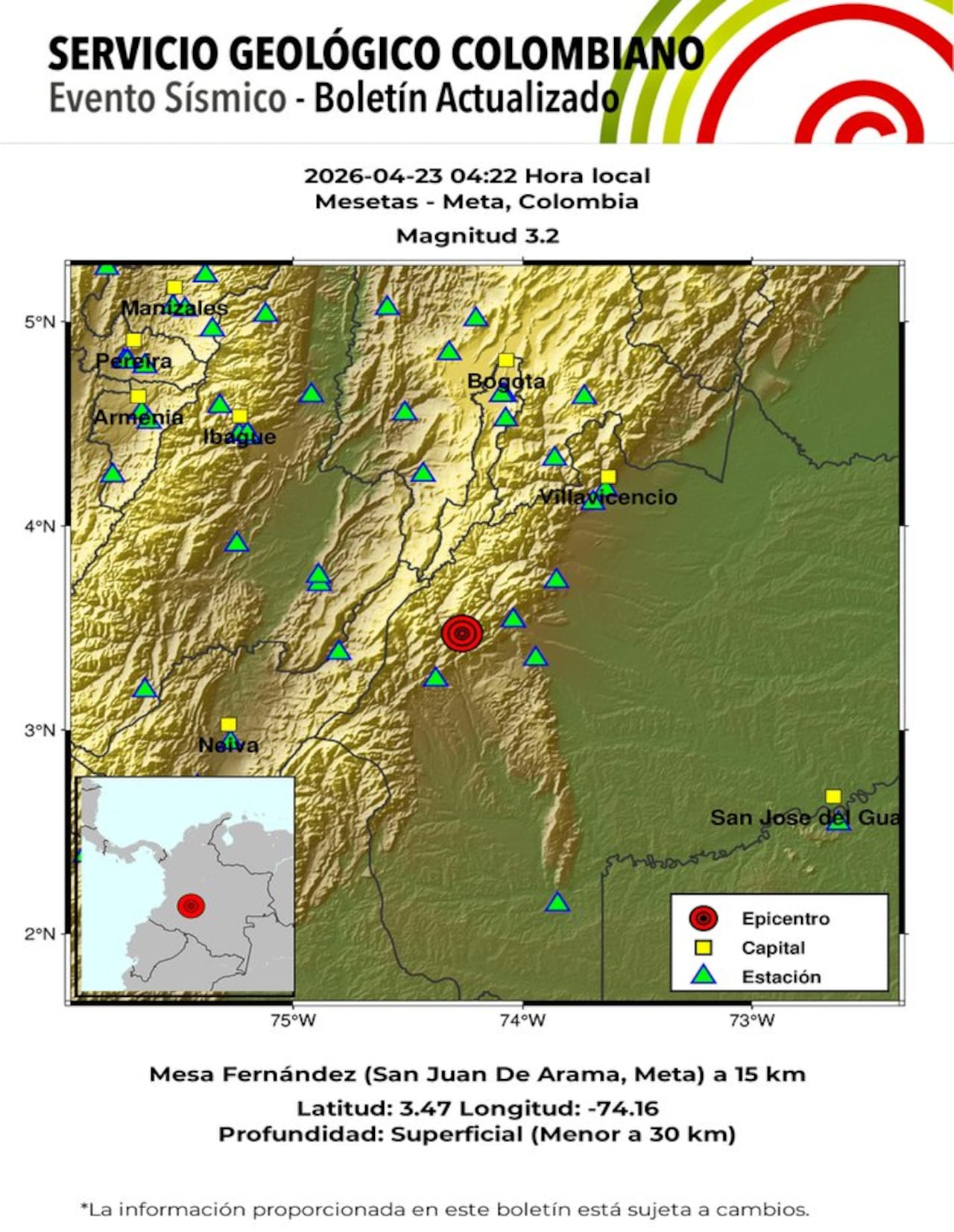 Evento Sísmico - Boletín Actualizado 1, 2026-04-23, 04:22 hora local Magnitud 3.2, Profundidad superficial, Mesetas - Meta, Colombia