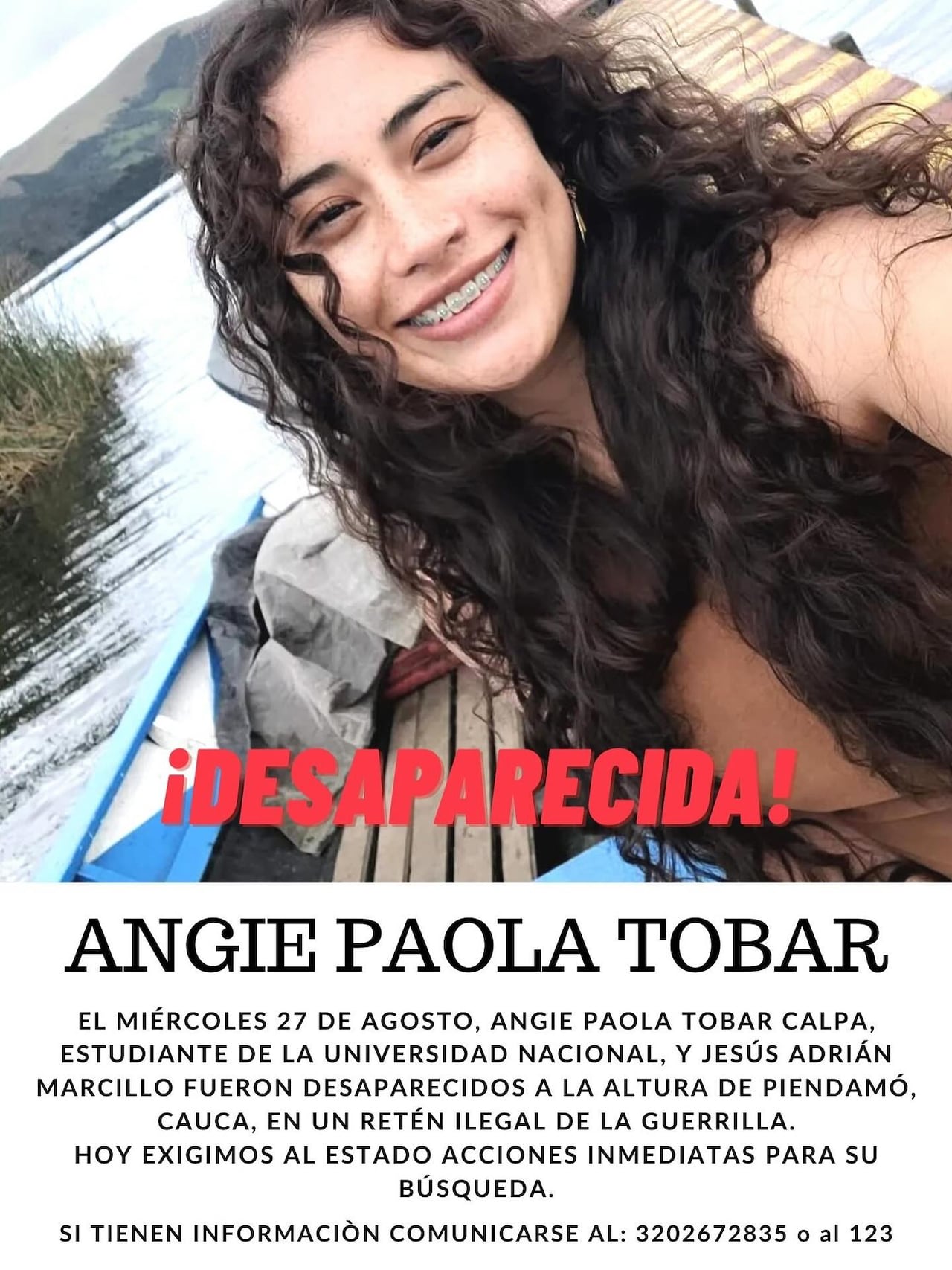 Angie Paola Tobar Calpa, estudiante de ingeniería administrativa de la Universidad Nacional secuestrada en Cauca.