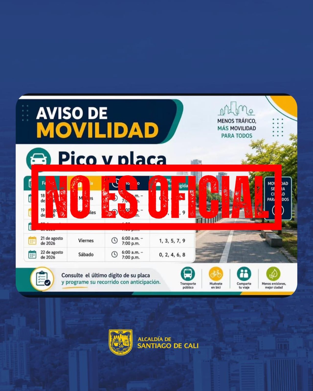Ojo caleños: no es oficial la imagen que circula con supuesto cambio de pico y placa en Cali