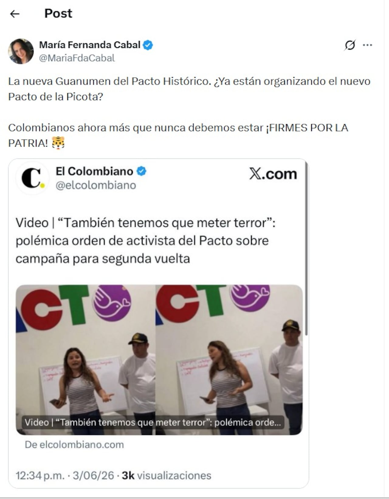 María Fernanda Cabal arremetió contra el Pacto Histórico.