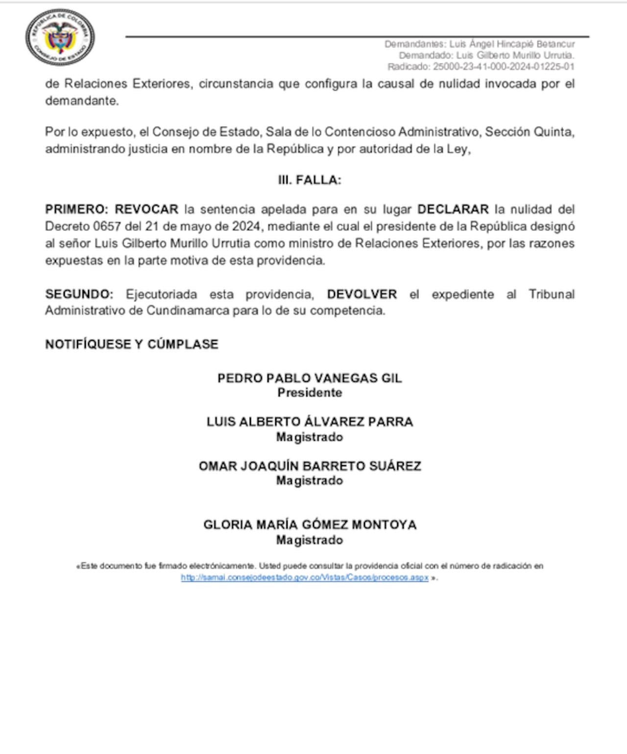El Consejo de Estado declaró nulidad de designación de Luis Gilberto Murillo como ministro de Relaciones Exteriores.