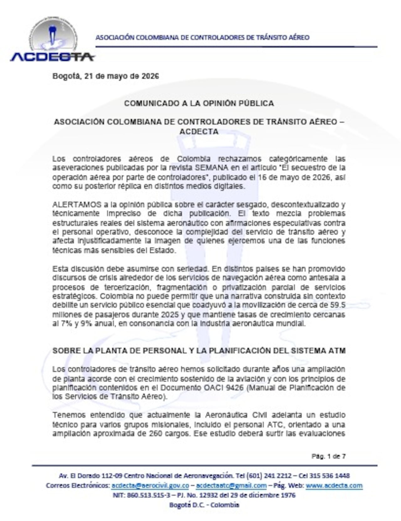 Este es el comunicado emitido por el gremio de controladores aéreos.