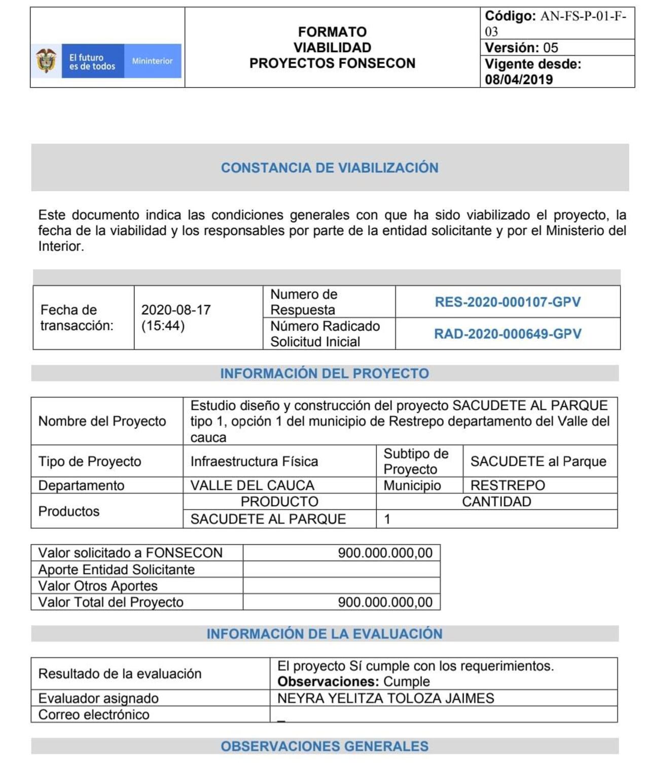 Este es uno de los documentos compartidos por la Alcaldía de Restrepo, Valle.