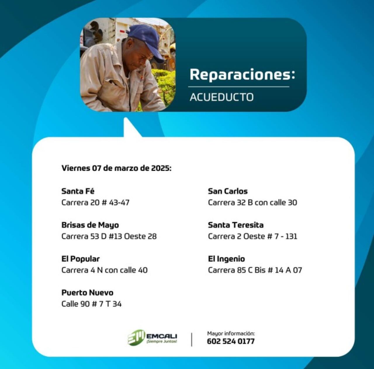 Reparaciones y mantenimiento Emcali para este viernes 7 de marzo