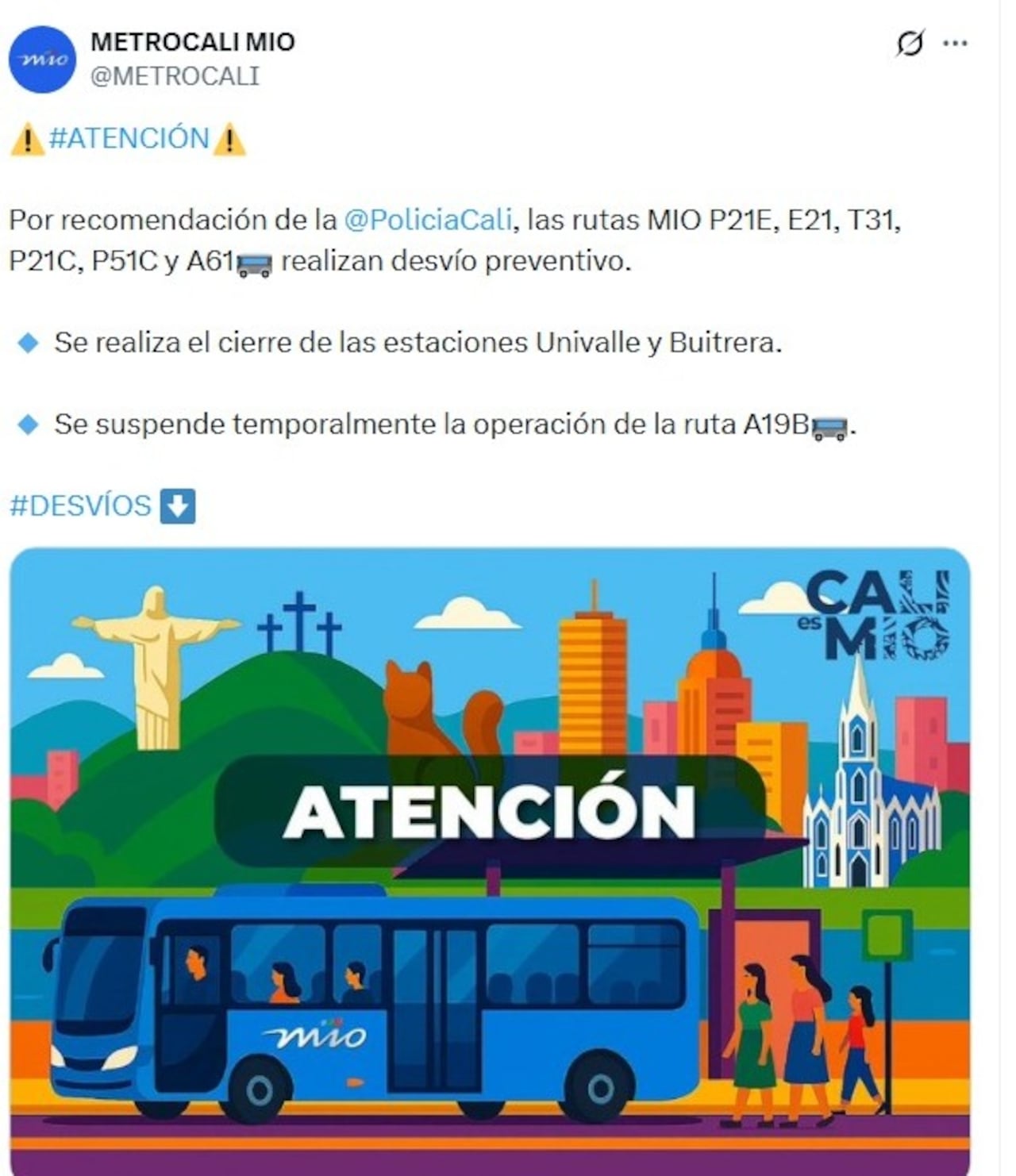 Esta fue la información compartida por Metrocali.