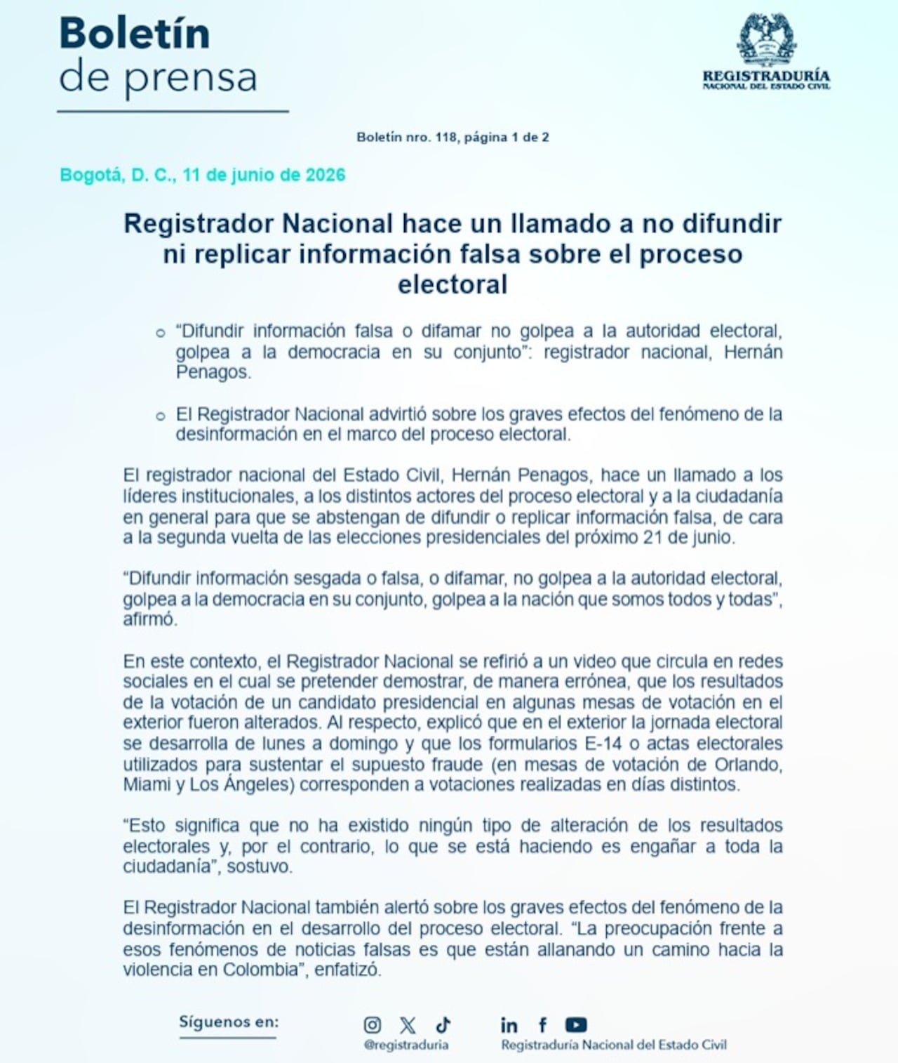 Registraduría hace un llamado a no difundir información falsa previo a elecciones presidenciales.