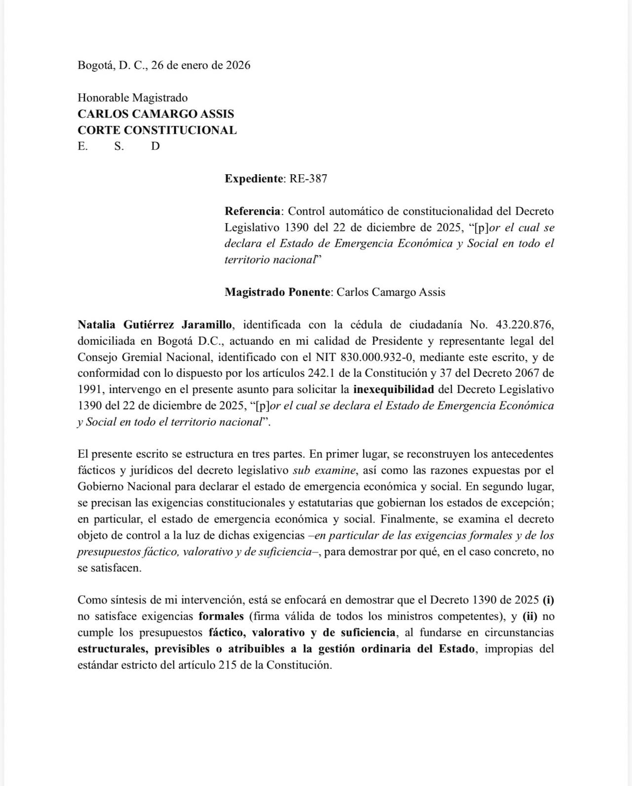 Consejo Gremial radicó documento de 45 páginas pidiendo el hundimiento total del decreto de Emergencia Económica.