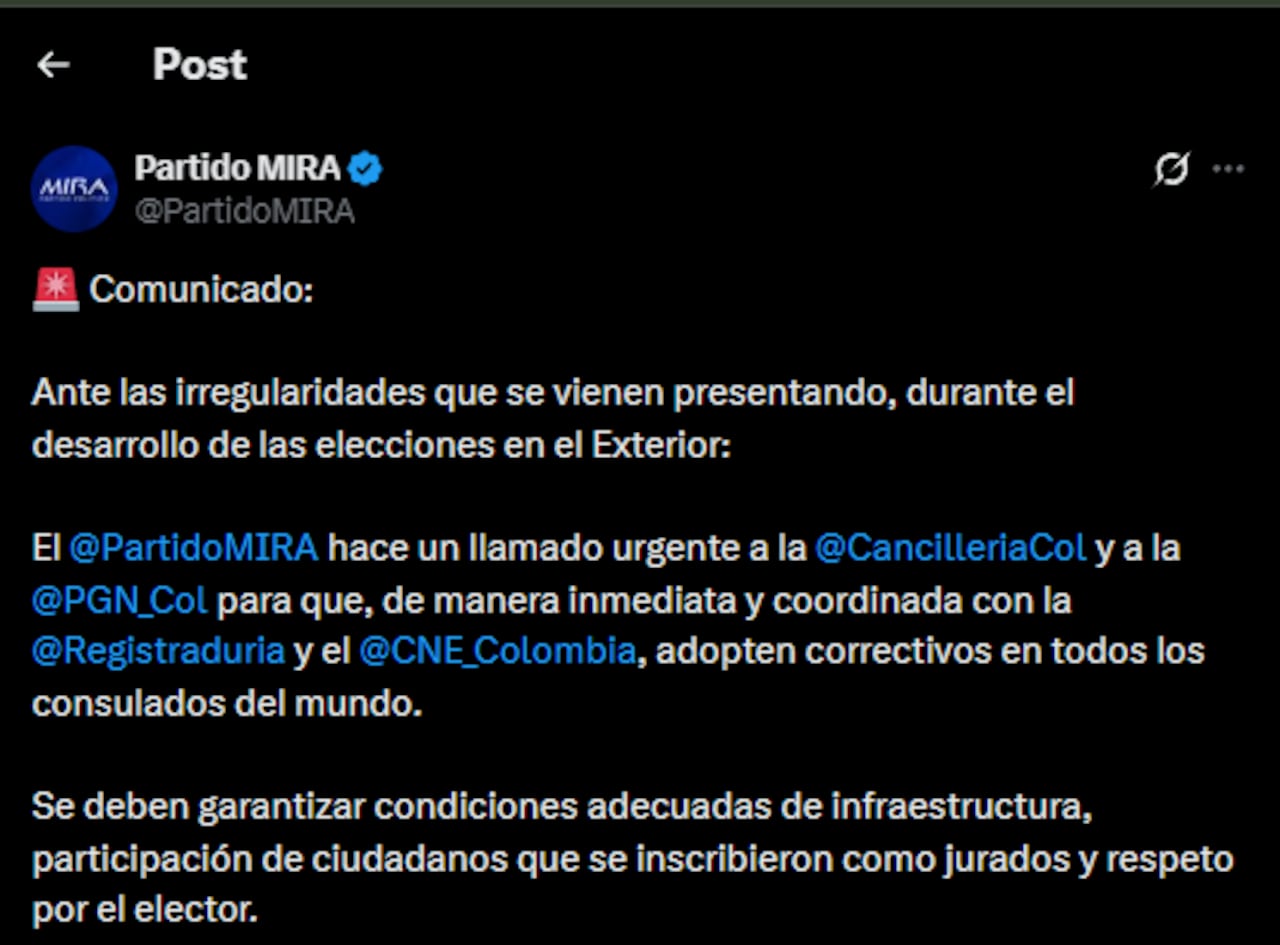 En medio del desarrollo de las elecciones legislativas fuera del país, el partido político MIRA encendió las alarmas por una serie de situaciones.