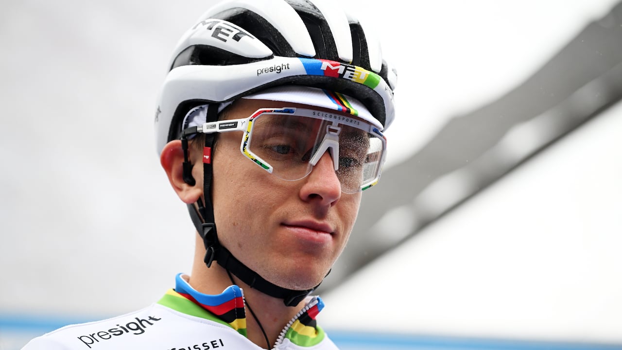 VIGNOLA, ITALY - OCTOBER 05: Tadej Pogacar of Slovenia and Team UAE Team Emirates with World Champion Jersey prior to the 107th Giro dell'Emilia 2024 a 215.3km one day race from Vignola to Bologna - San Luca 267m on October 05, 2024 in Vignola, Italy. (Photo by Dario Belingheri/Getty Images)