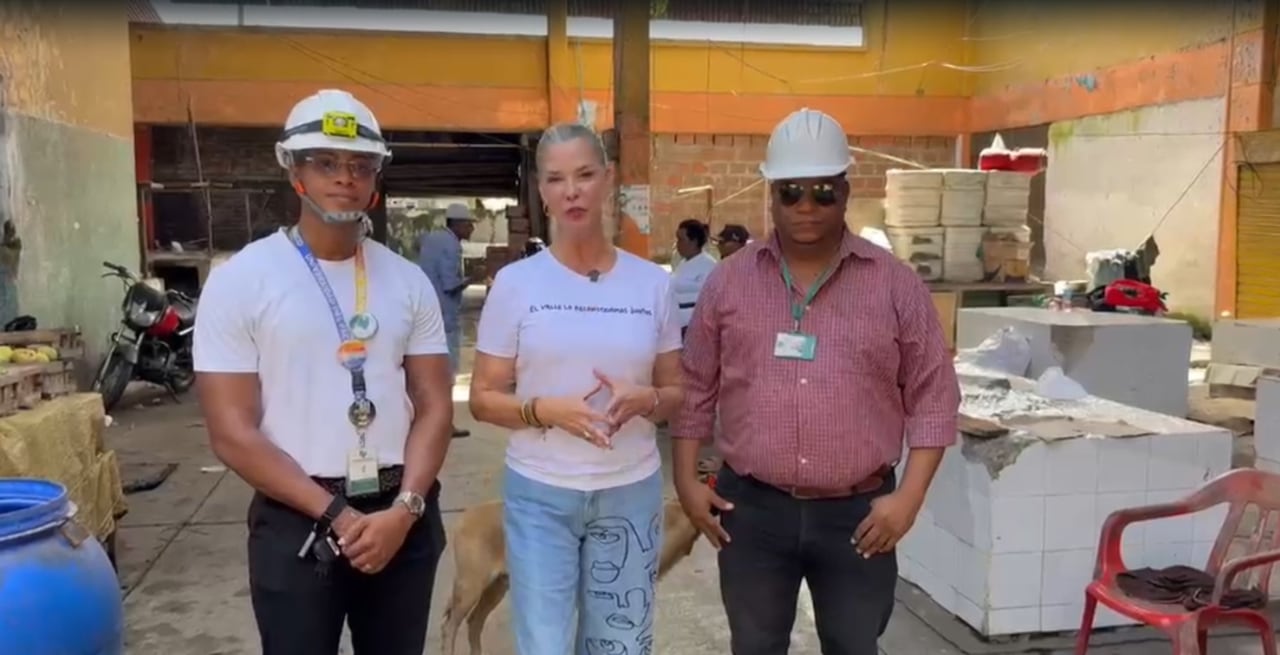 La gestora social del Valle, Jimena Toro, junto a ingenieros estructurales de la Universidad del Pacífico durante la revisión de los daños en la Plaza de Mercado de Bellavista.