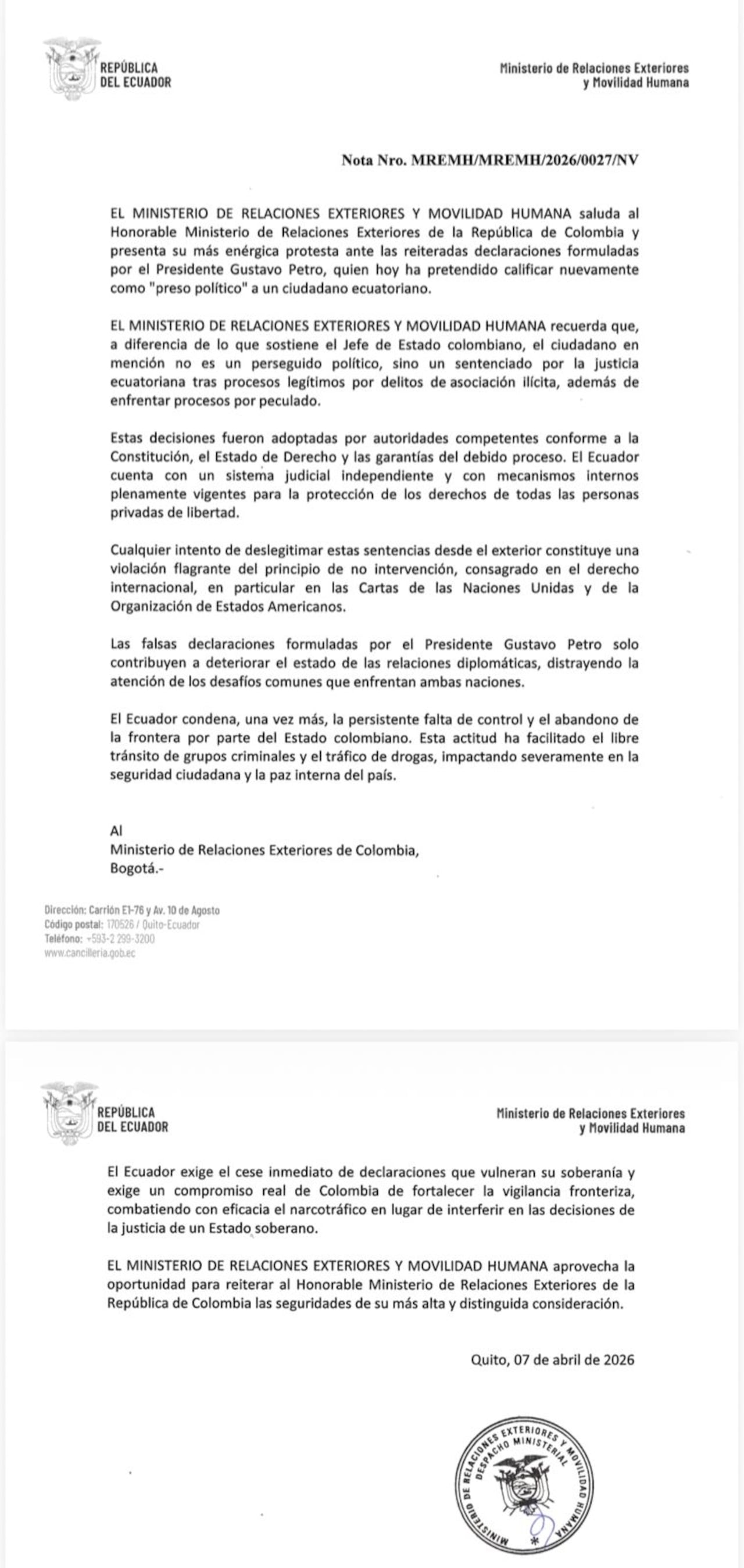 Este fue el pronunciamiento del Ministerio de Relaciones Exteriores y Movilidad Humana de Ecuador frente a las declaraciones del presidente Petro.