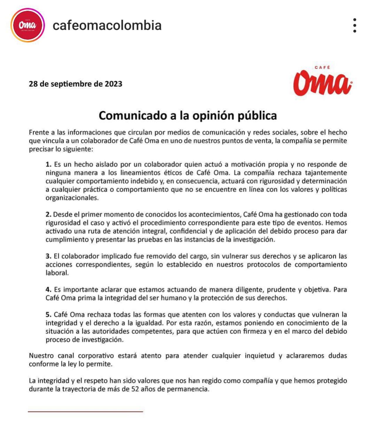 Este es el comunicado que Café Oma emitió después de lo sucedido.