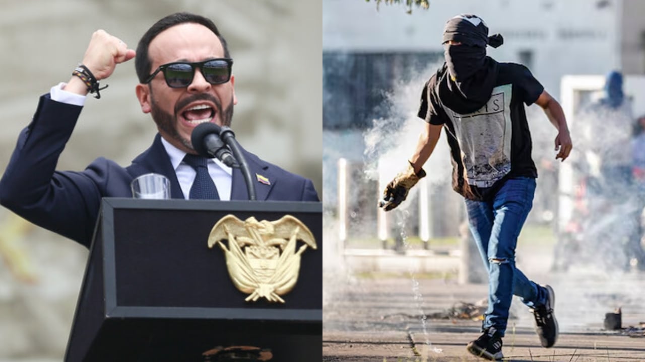 De izquierda a derecha: El presidente Abelardo De La Espriella y un encapuchado en una universidad.