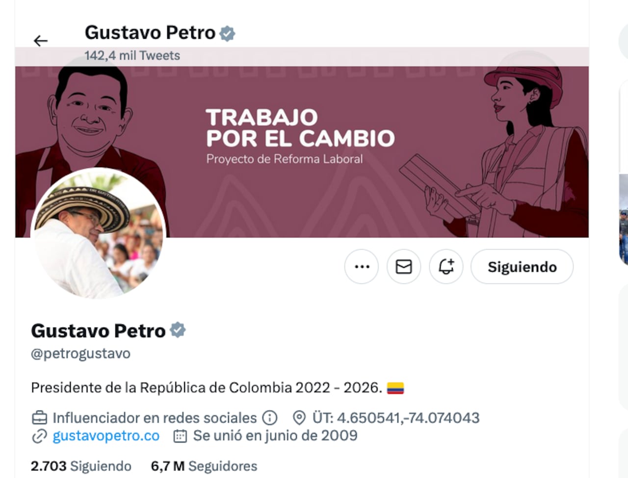 El perfil en Twitter del presidente Gustavo Petro