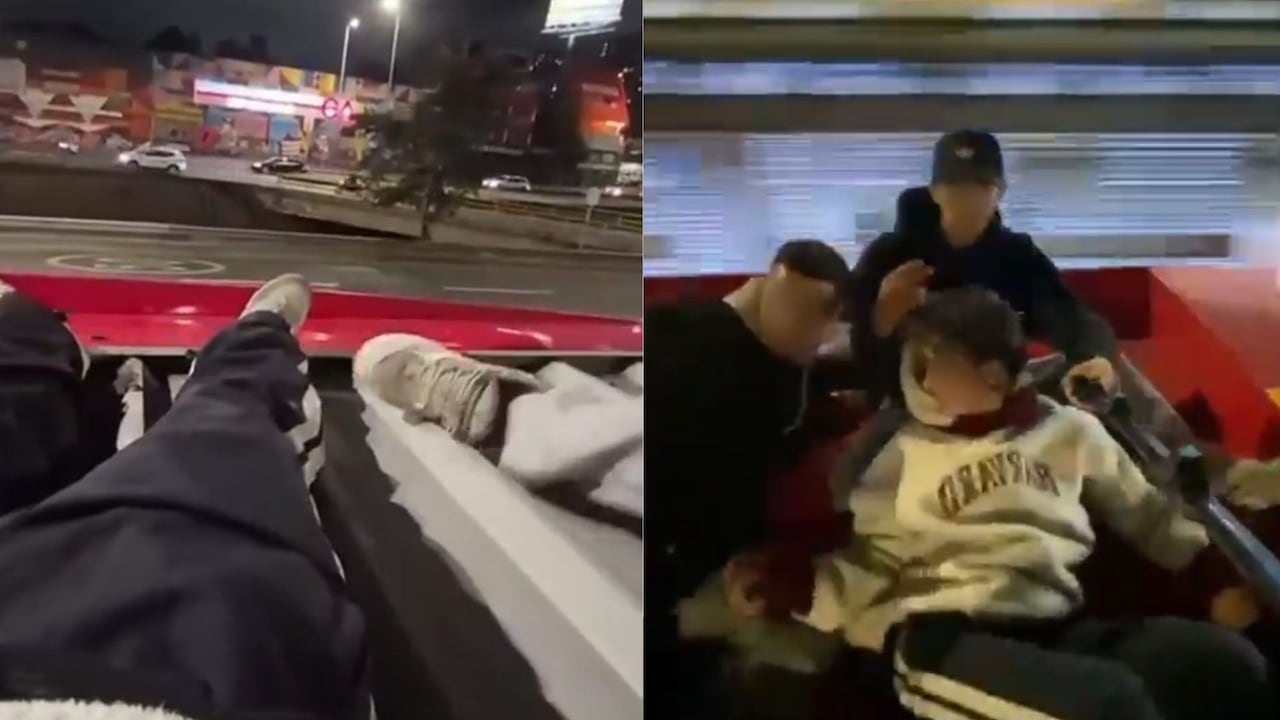 Jóvenes viajando en el techo de un TransMilenio.