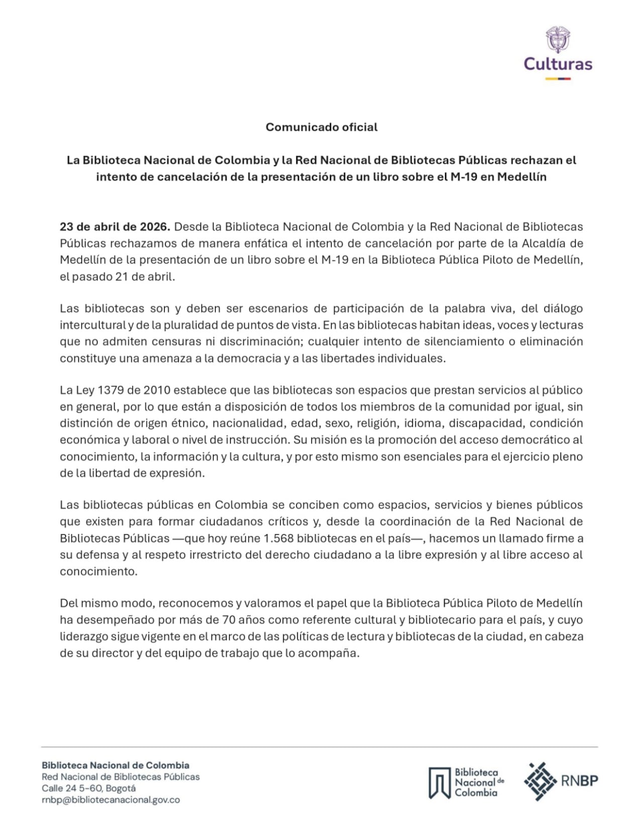 La Biblioteca Nacional de Colombia y la Red Nacional de Bibliotecas Públicas rechazan el intento de cancelación de la presentación de un libro sobre el M-19