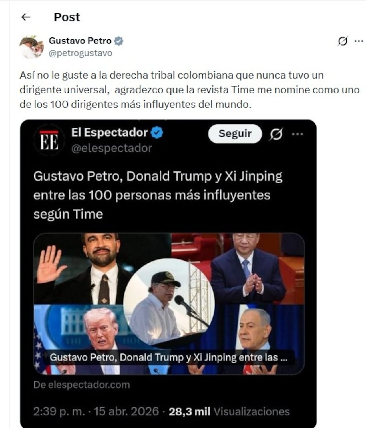 Esta fue la publicación del presidente Petro frente a su supuesta inclusión en la lista de los 100 personajes más influyentes durante 2026.