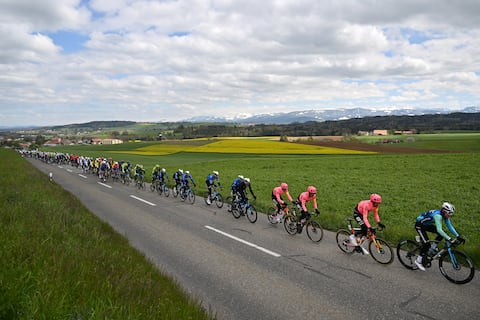 SALVAN-LES MARECOTTES, SWITZERLAND - APRIL 25: A general view of Enric Mas of Spain, Alex Aranburu of Spain, Jorge Arcas of Spain, Remi Cavagna of France, Johan Jacobs of Switzerland, Nelson Oliveira of Portugal, Ivan Ramiro Sosa of Colombia and Movistar Team, Darren Rafferty of Ireland, Richard Carapaz of Ecuador, James Shaw of The United Kingdom and Team EF Education - EasyPost, Jordan Labrosse of France and Decathlon AG2R La Mondiale Team compete during the 77th Tour De Romandie 2024, Stage 2 a 171km stage from Fribourg to Salvan-Les Marecottes 1059m / #UCIWT / on April 25, 2024 in Salvan-Les Marecottes, Switzerland.  (Photo by Luc Claessen/Getty Images)