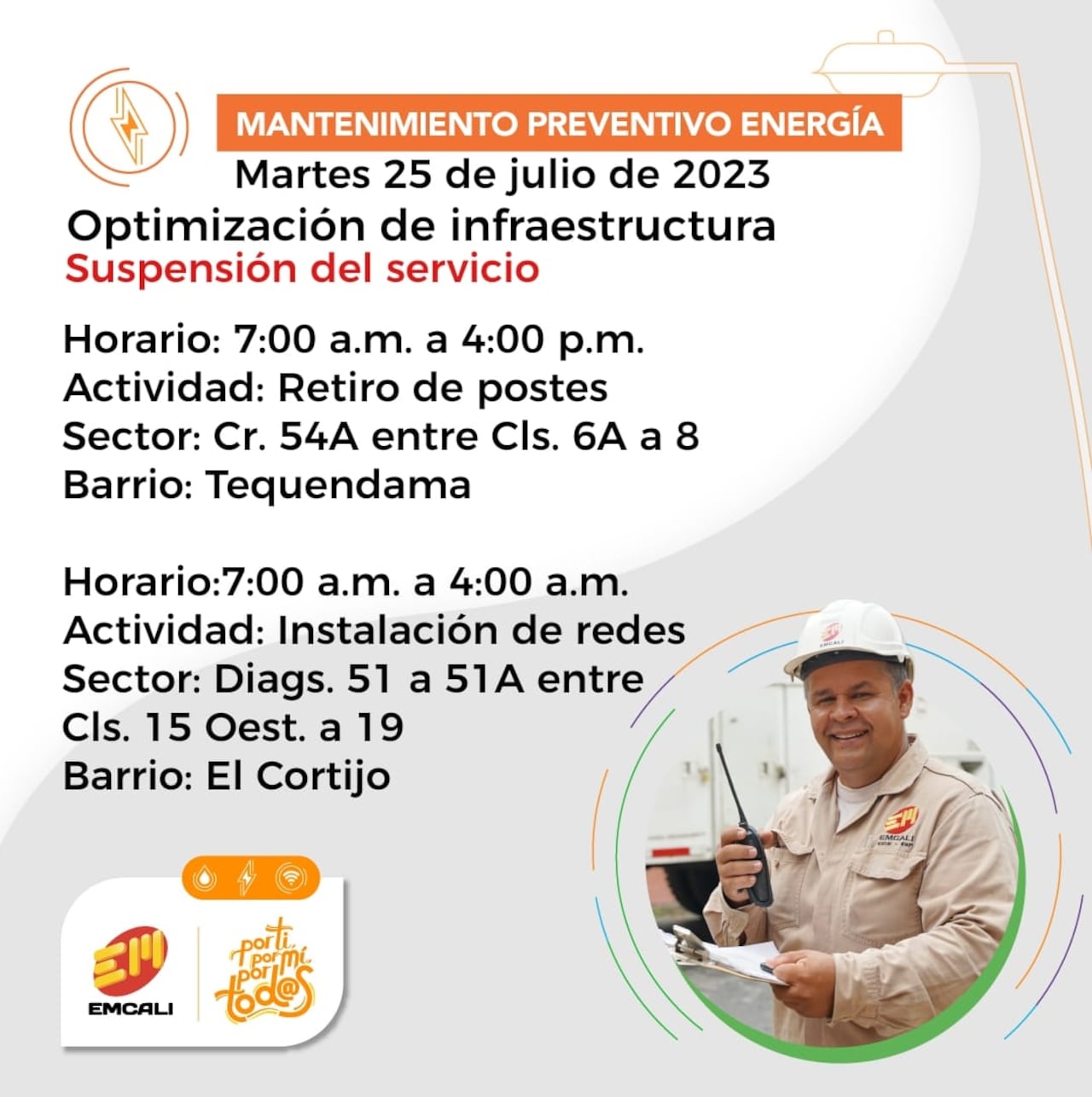 Por optimización de la infraestructura de energía, dos barrios de Cali se quedarán sin el servicio este martes.