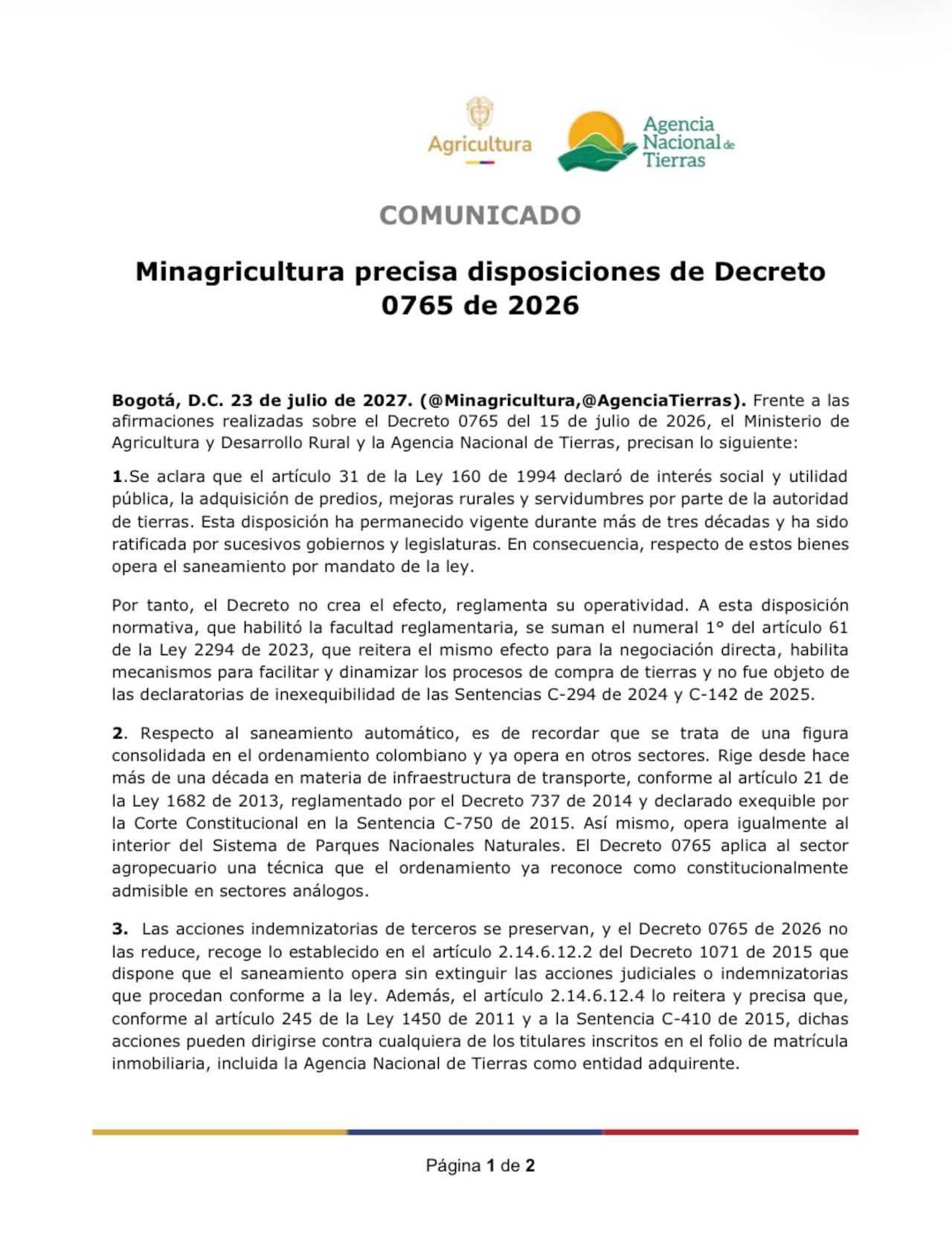 Gobierno defiende decreto de MinAgricultura que acelera entrega de bienes en extinción de dominio a la ANT.
