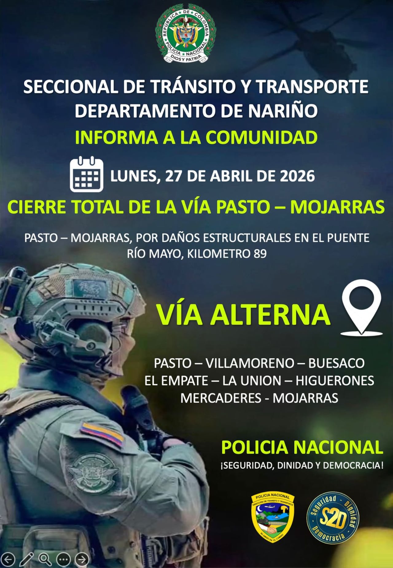 Las autoridades comparten esta información sobre la puesta en marcha de un corredor hacia el sur de Colombia alterno tras el cierra de la Panamericana.