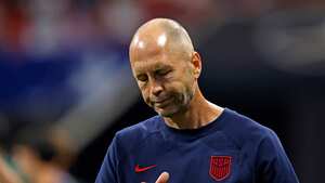 USA's coach Gregg Berhalter looks down following the first half of the Conmebol 2024 Copa America tournament group C football match between Panama and USA at Mercedes Benz Stadium in Atlanta, Georgia, on June 27, 2024. (Photo by EDUARDO MUNOZ / AFP)