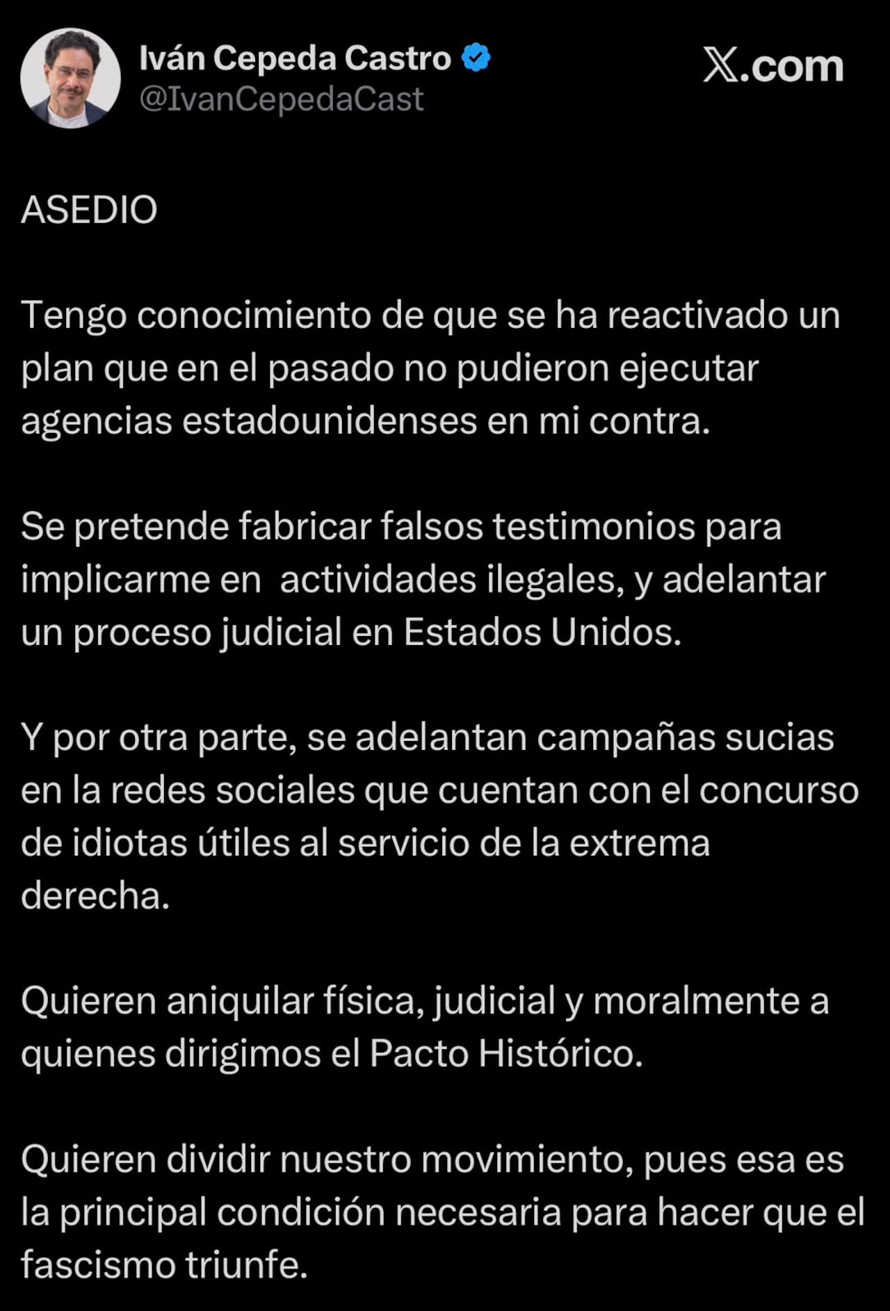 Este fue el mensaje que compartió Iván Cepeda por medio de sus redes sociales.