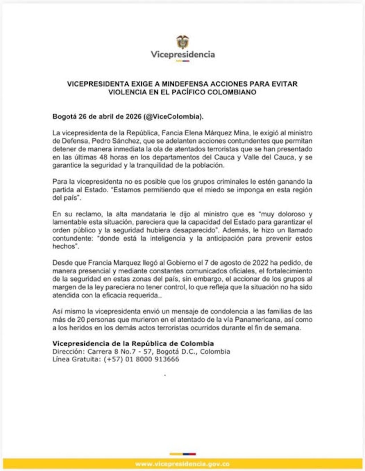 La vicepresidenta, Francia Márquez, se pronunció sobre estos hechos de violencia.