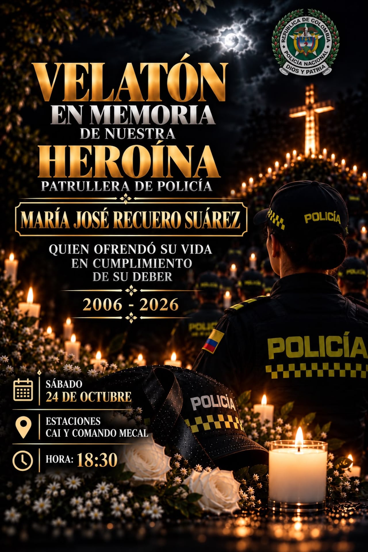 Velatón por muerte de patrullera que resultó herida en un caso de hurto.