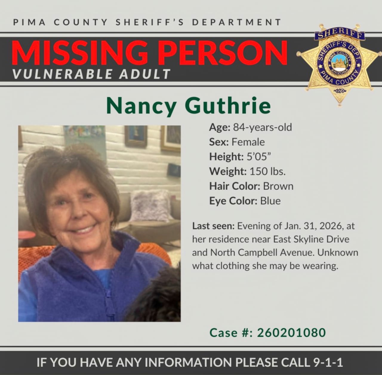 Foto entregada por la policía del condado Pima en Arizona el 2 de febrero del 2026, que muestra un aviso de búsqueda de Nancy Guthrie. (Policía del Condado Pima via AP)