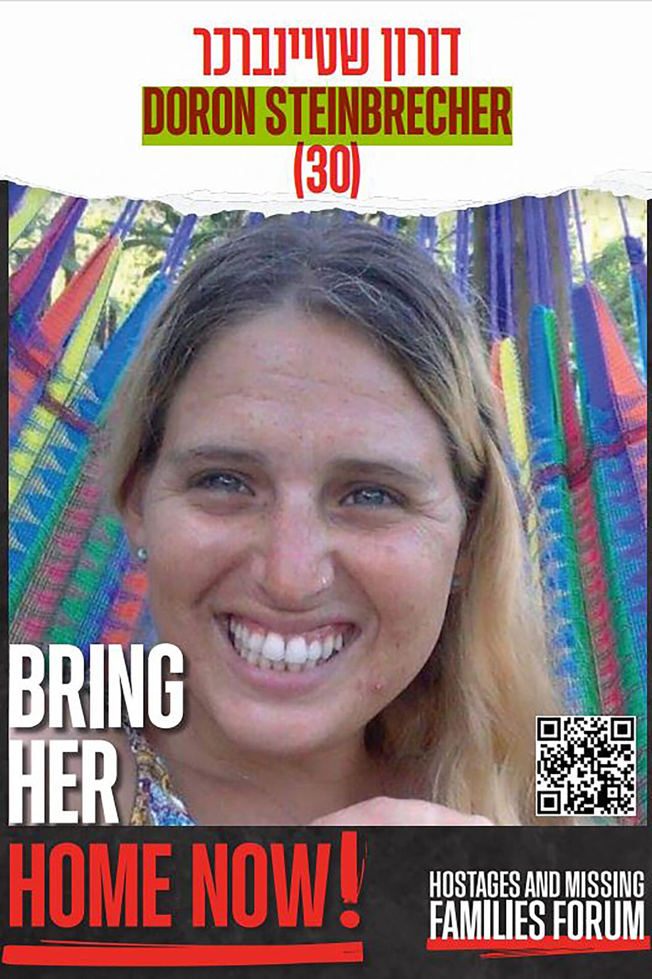 Una fotografía sin fecha obtenida el 19 de enero de 2025 de la sede del Foro de Familias de Rehenes muestra un cartel del rehén israelí Doron Steinbrecher, tomado por Hamás durante el ataque del 7 de octubre de 2023 por militantes de Hamás.