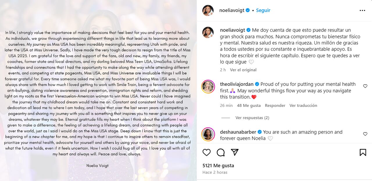 Miss Estados Unidos, Noelia Voigt, publicó un comunicado en el que anunció su renuncia a su título para priorizar su salud mental.