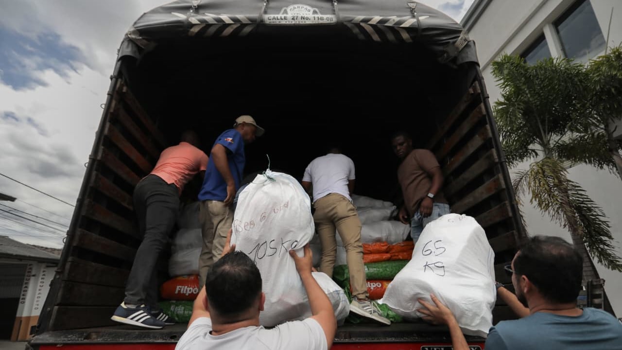 La gestora social del Cauca, María Victoria Guzmán Vargas, supervisa la clasificación de alimentos, ropa y kits médicos donados por ciudadanos e instituciones que se unieron para apoyar a las familias en crisis.