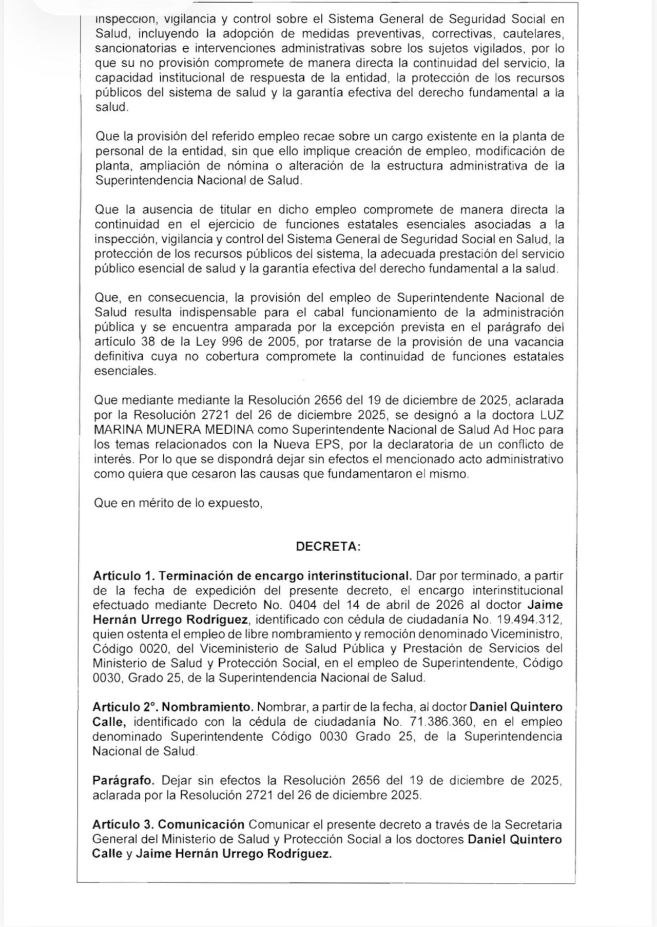 El exalcalde de Medellín asume la vigilancia de los recursos del sistema sanitario nacional.