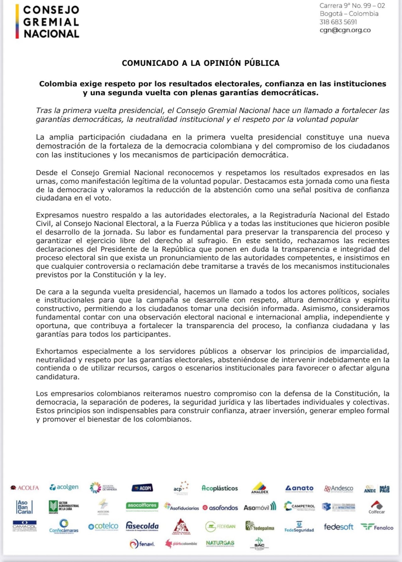 El Consejo Gremial rechazó pronunciamiento de Petro e hizo un llamado.