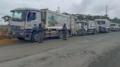 Uniformados de la Policía Metropolitana de Popayán y del Grupo GOES acompañan los recorridos de los vehículos recolectores de Urbaser para garantizar la continuidad de la prestación del servicio.