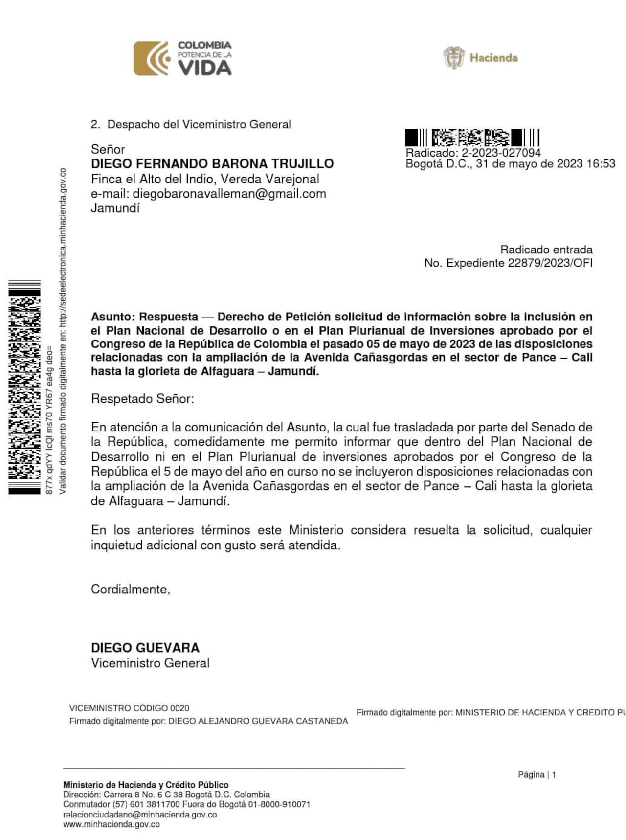Este es el documento oficial en el que se advierte la no inclusión del proyecto.