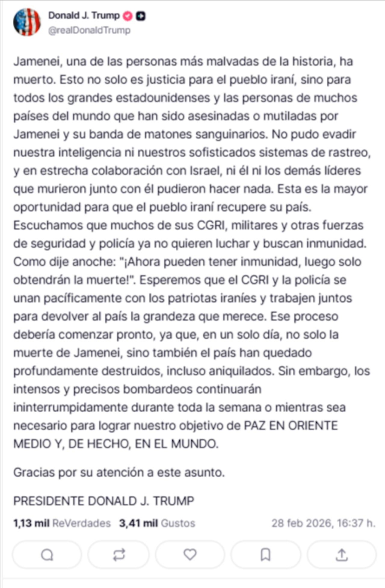 A través de Truth Social, Trump confirmó la noticia.