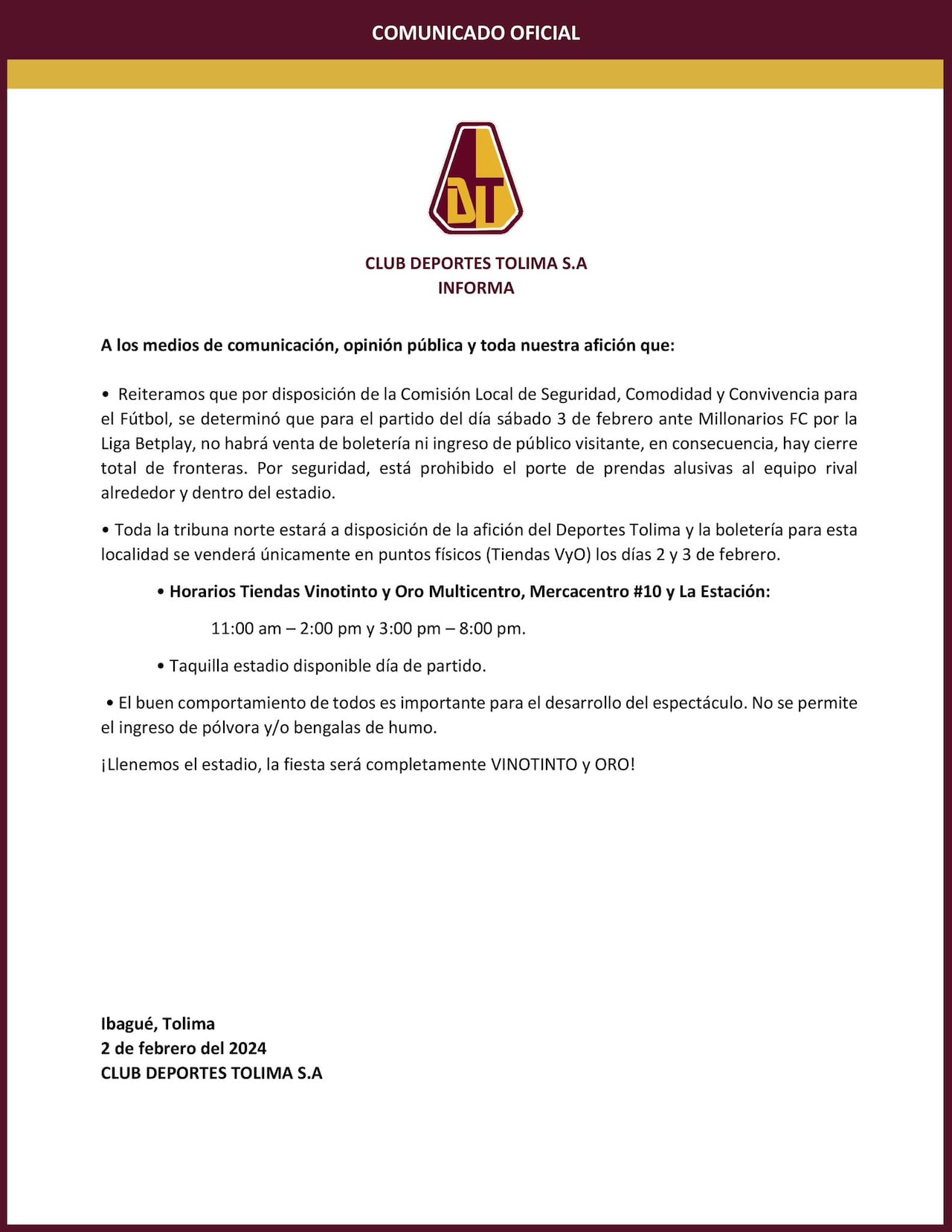 Comunicado donde Tolima advierte el no ingreso de público visitante por la fecha 4 ante Millonarios.