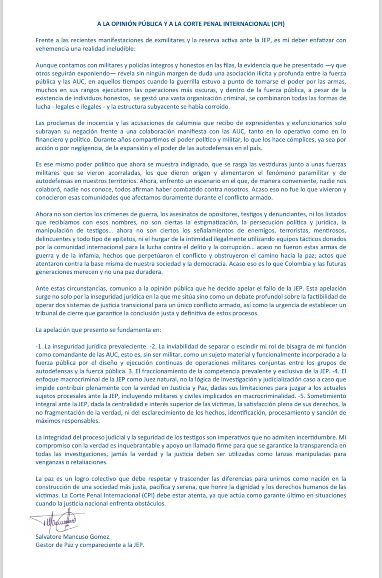 Salvatore Mancuso reapareció con una carta que pide que todos sus procesos pasen a la JEP.