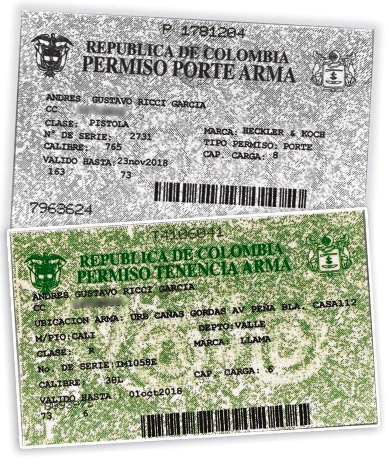 Salvoconductos de las armas de Andrés Ricci, presunto autor del homicidio de la patinadora Luz Mery Tristán. Agosto de 2023.