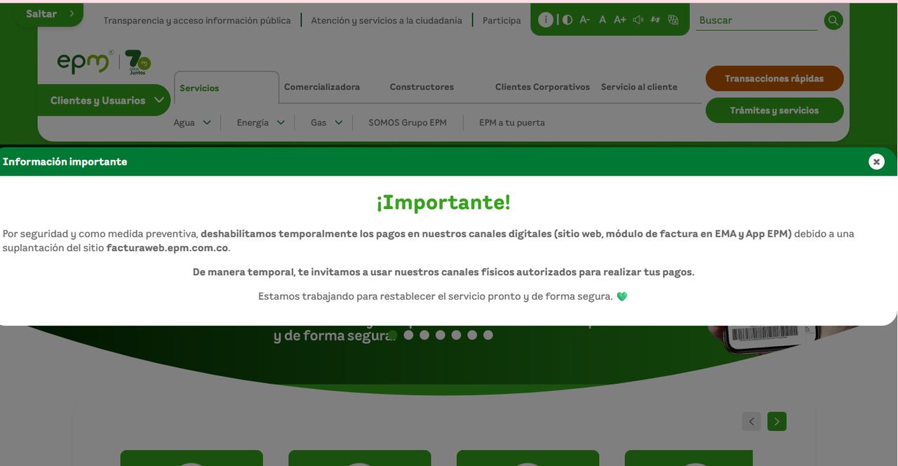 Esta advertencia es lo primero que se ve al entrar a la página de EPM.