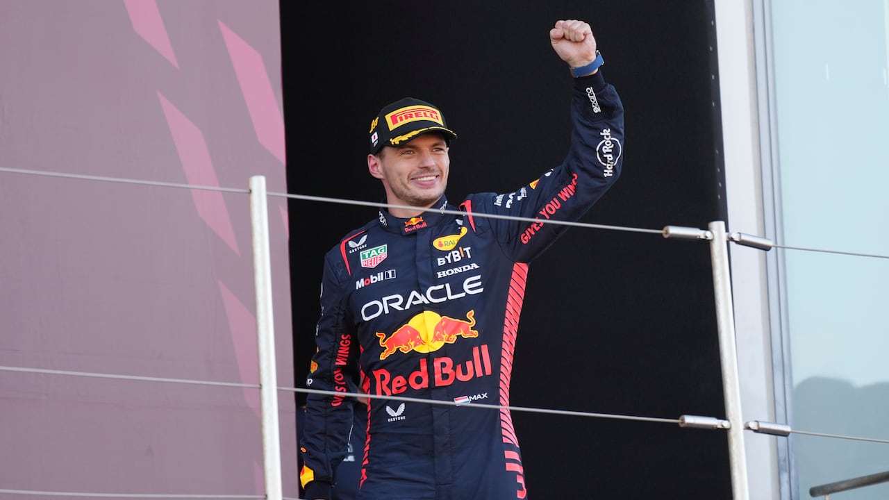 Red Bull driver Max Verstappen of the Netherlands celebrates on the podium after winning the Japanese Formula One Grand Prix at the Suzuka Circuit, Suzuka, central Japan, Sunday, Sept. 24, 2023. (AP Photo/Toru Hanai)