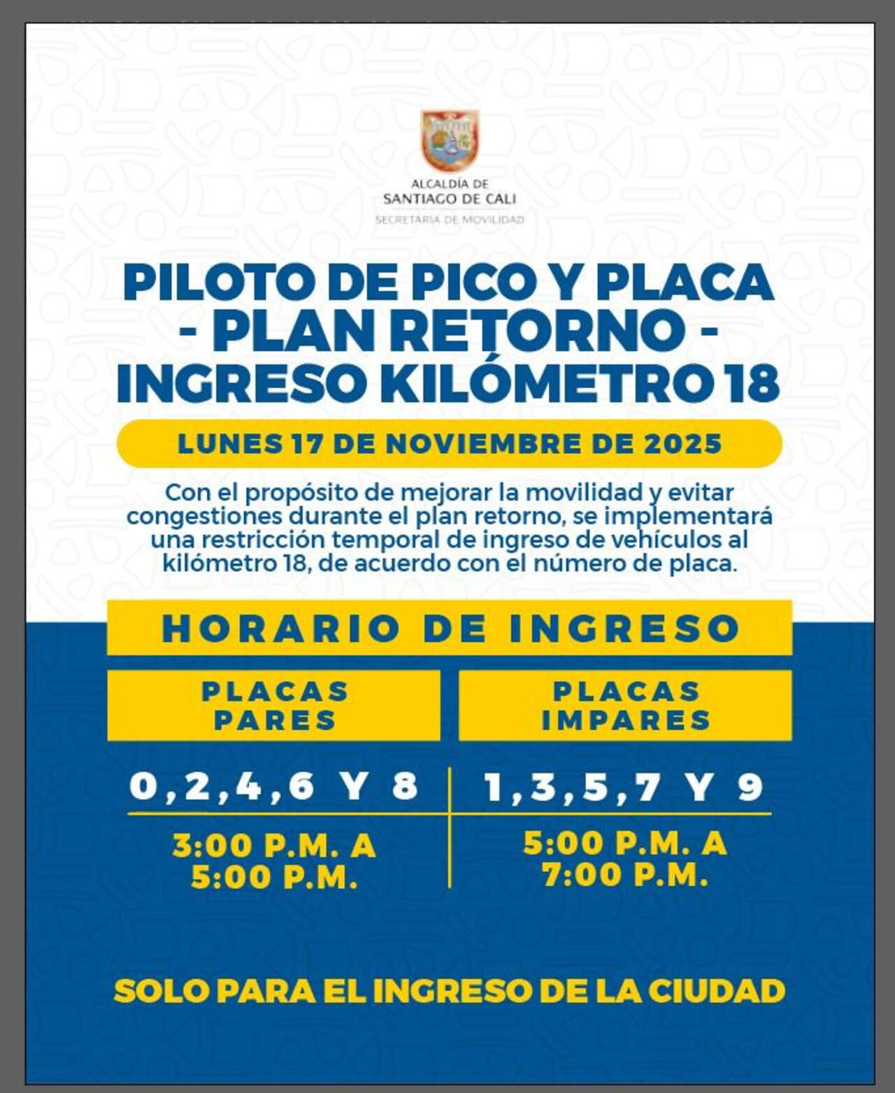 Plan Piloto para el 17 de noviembre en Cali.