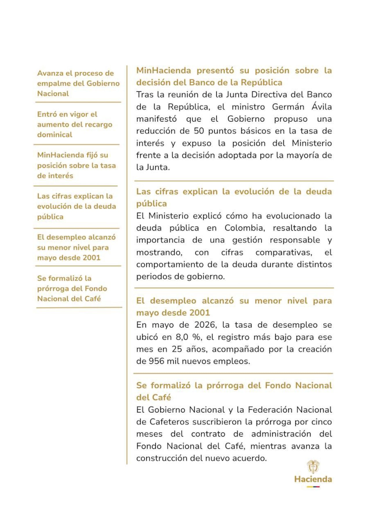 MinHacienda resumió su gestión semanal con anuncios sobre empleo, deuda y transición de Gobierno