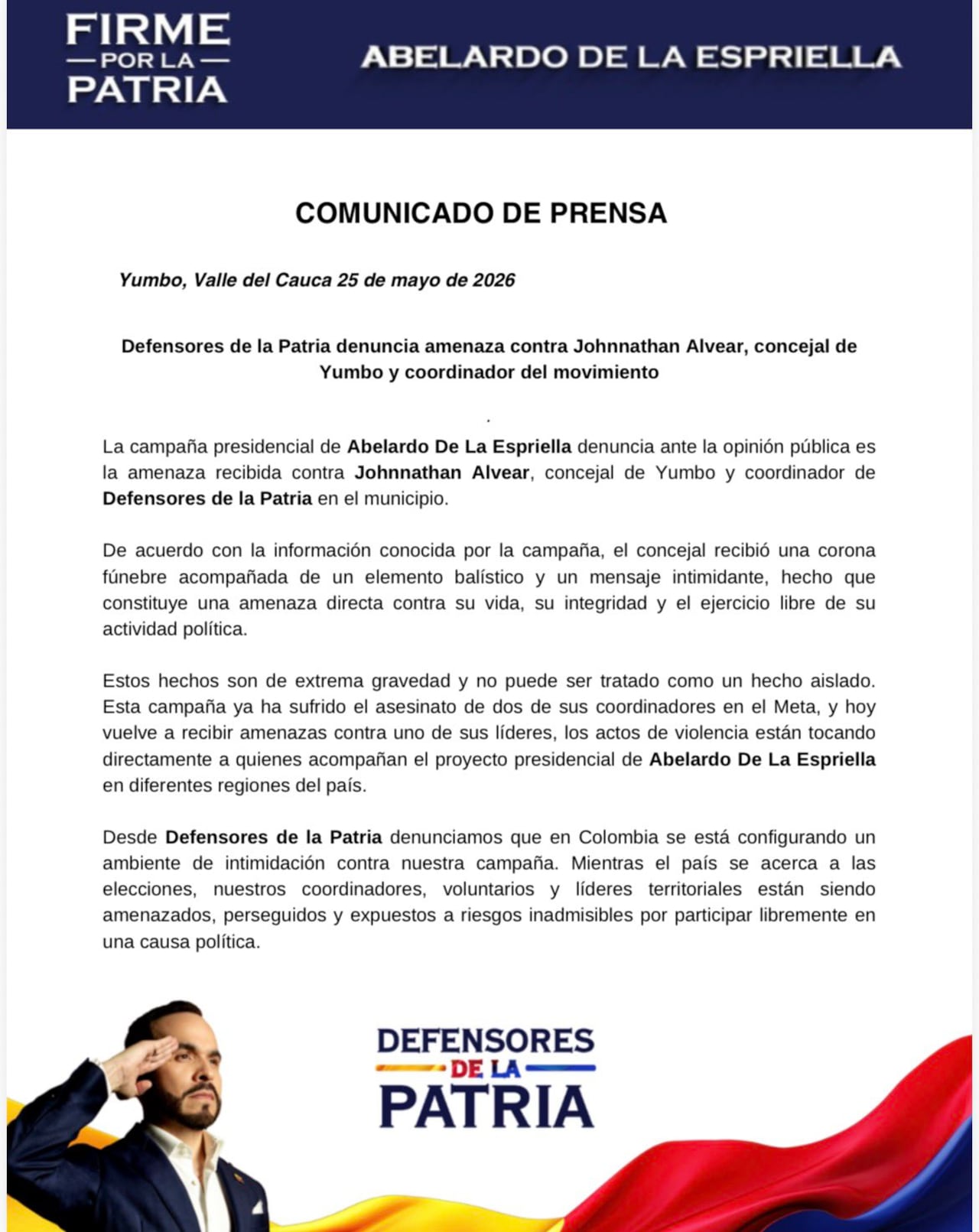 Defensores de la Patria denuncian intimidaciones contra coordinador en Yumbo, Valle