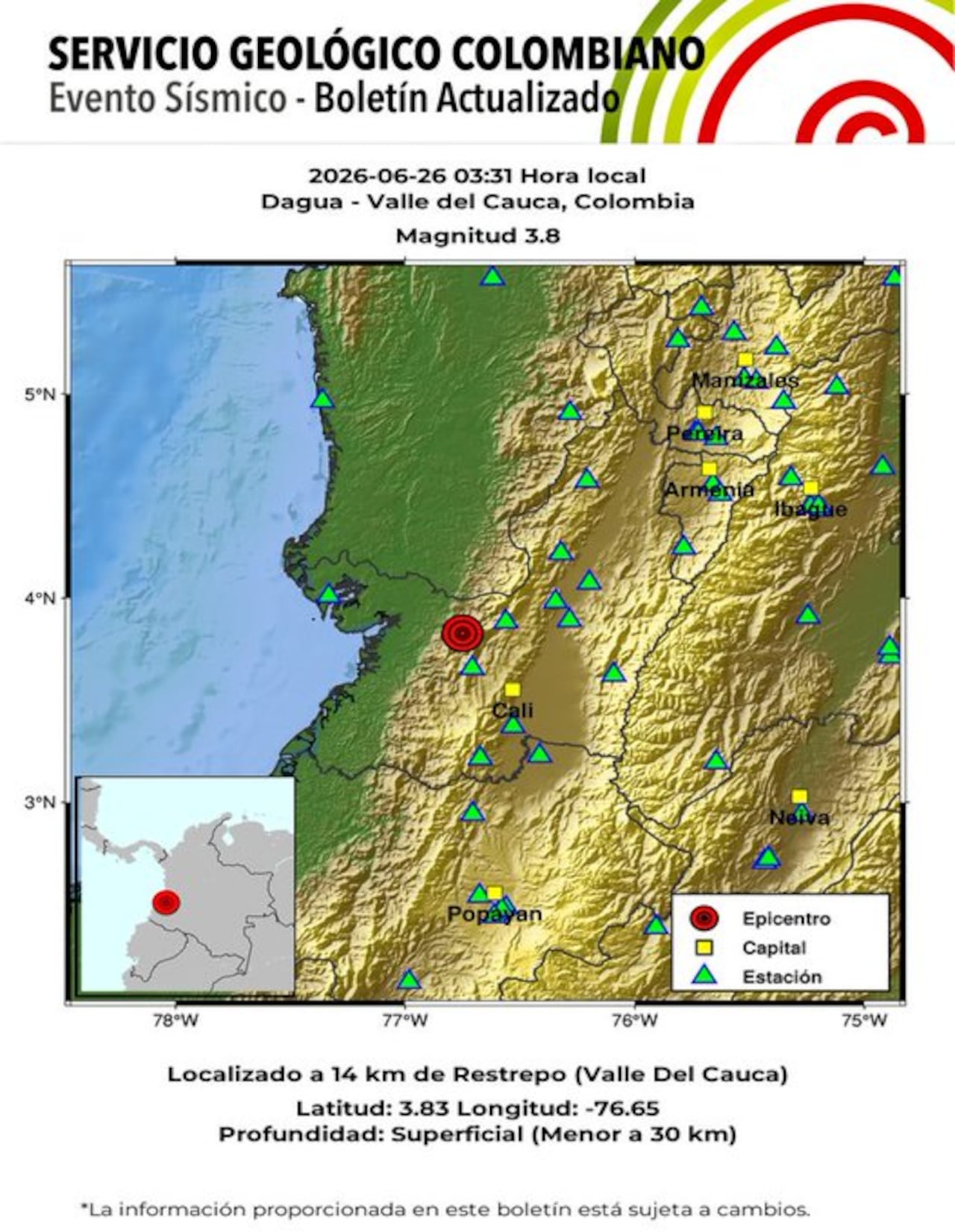 Sismo de magnitud 3,8 se sintió en el Valle del Cauca