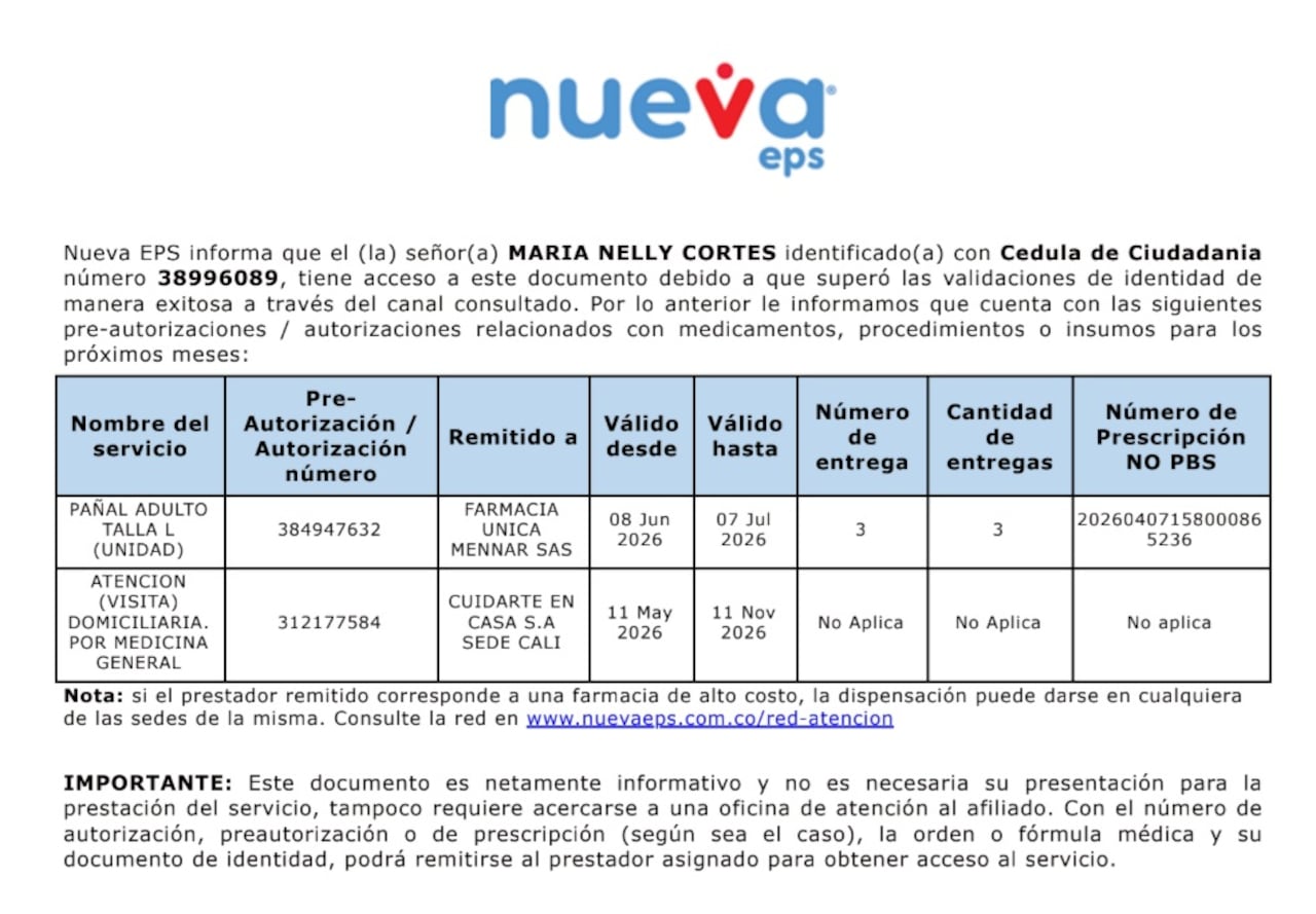 En el sistema de EVA de la Nueva EPS aparece como entregado los pañales, pero en la realidad María Nelly Cortés solo recibió un papelito de pendientes.