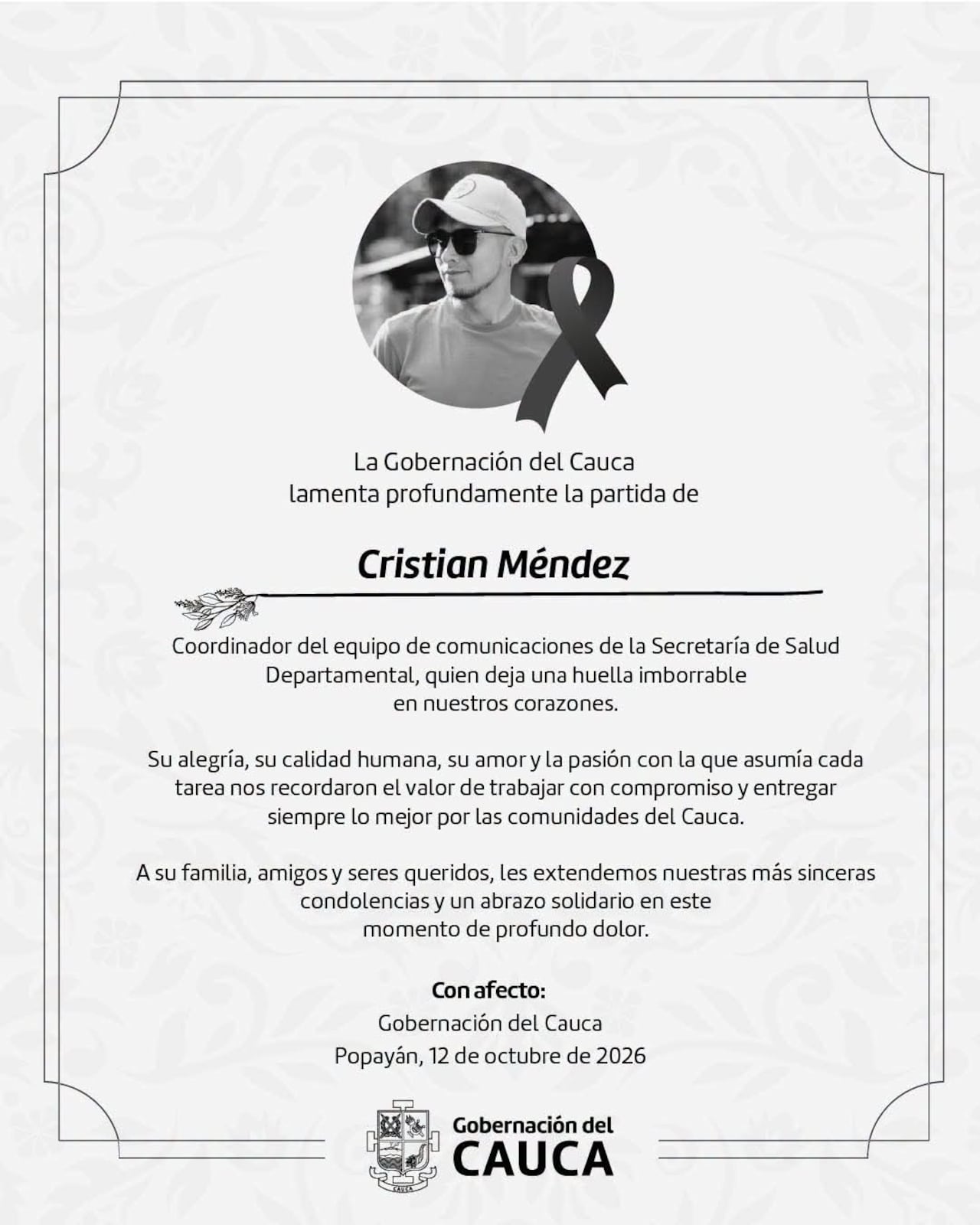 Cristian Andrés Méndez Yunda se desempeñaba como coordinador del equipo de comunicaciones de la Secretaría de Salud Departamental.